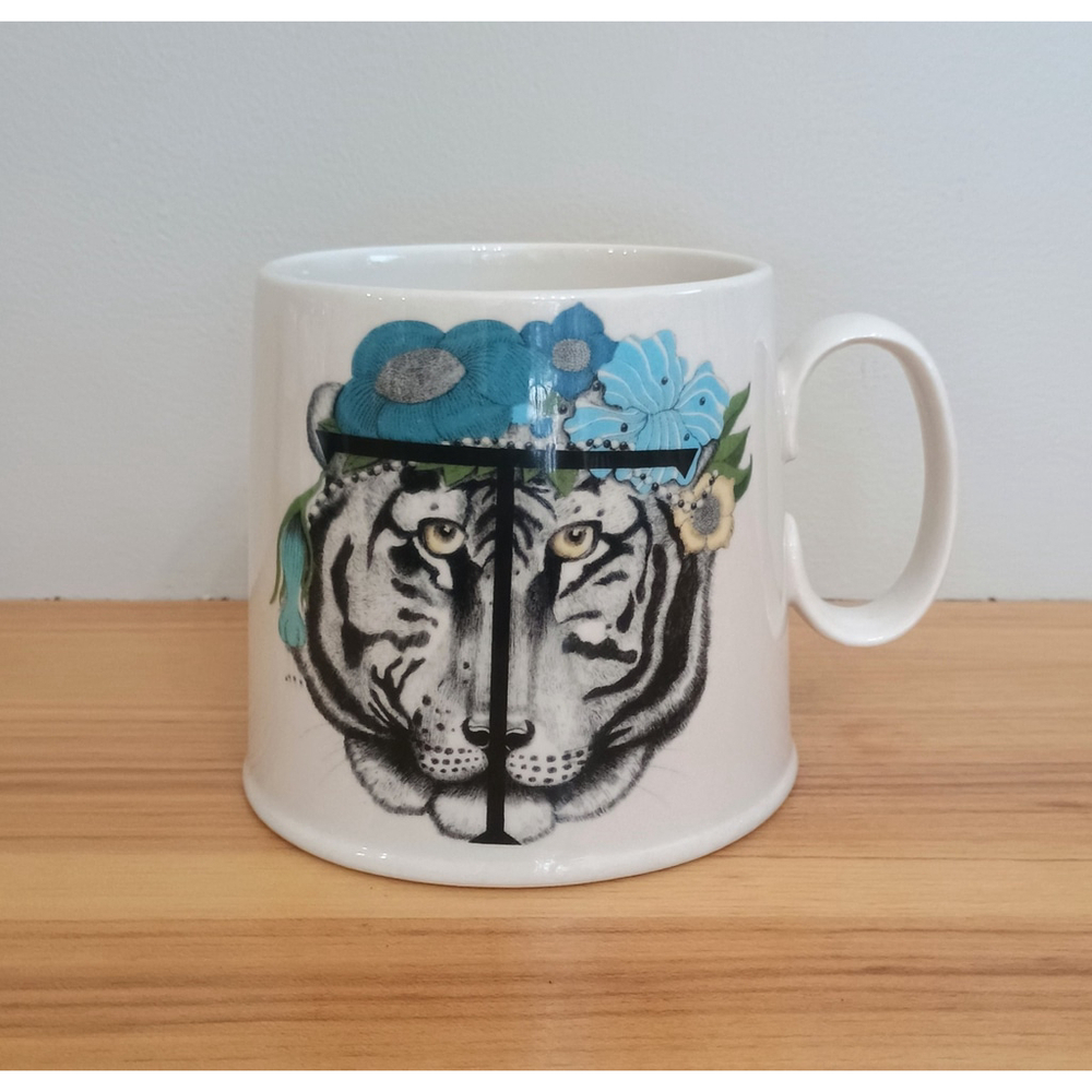 Anthropologie Balducci Coffee Mug "T" Monogram Tiger Print